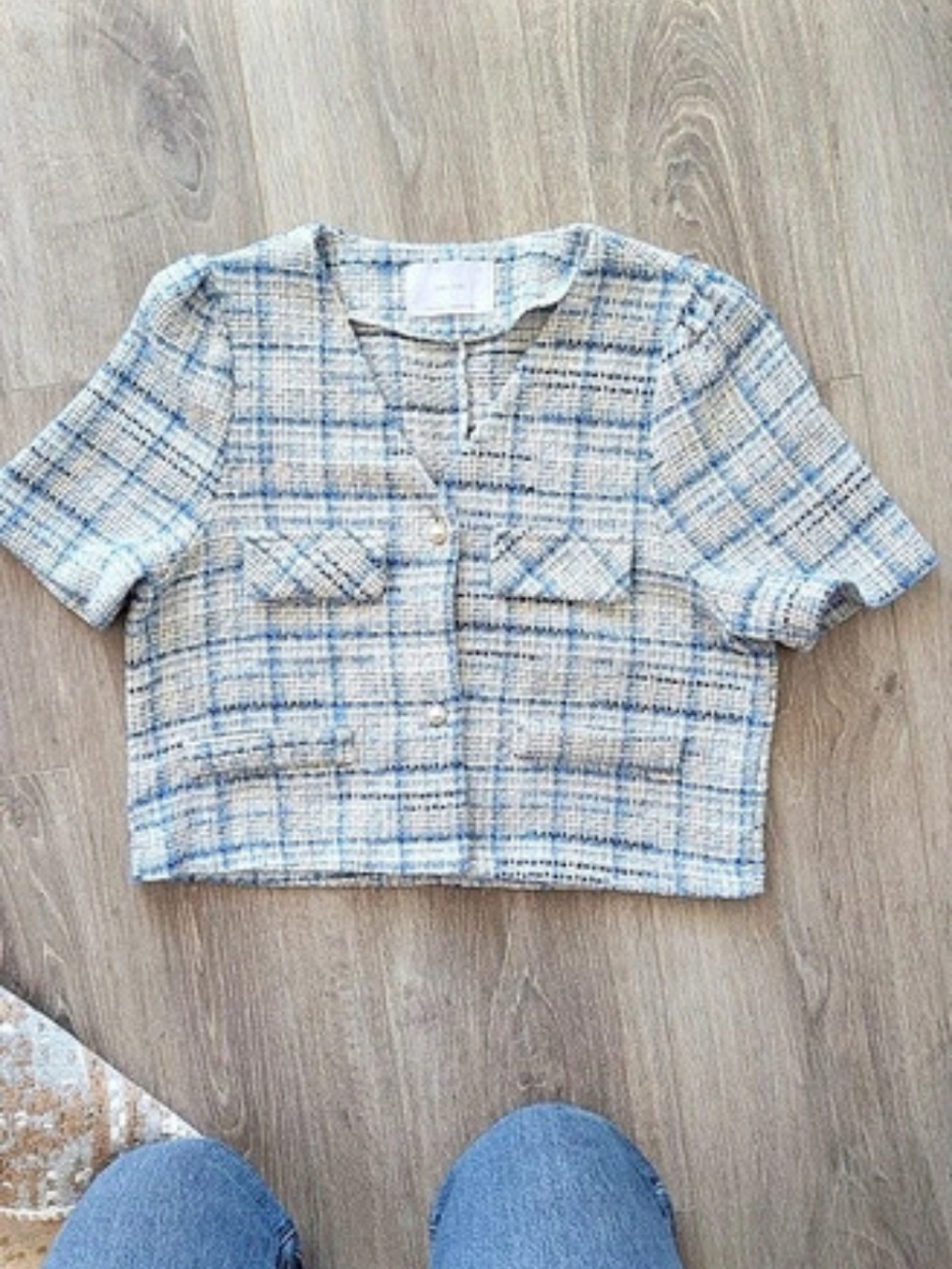 Oak + Fort Cropped Checkered Top in Blue & White